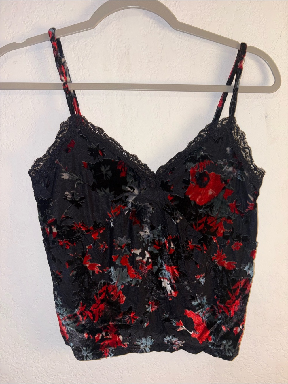 Self Esteem Black Cami with Red Floral Print and Gray Accents